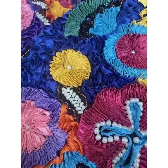 Vintage Silk Ribbon Boxy Bolero Jacket 90s Bead Embellished Flower Pearl Rainbow - Picture 13 of 14